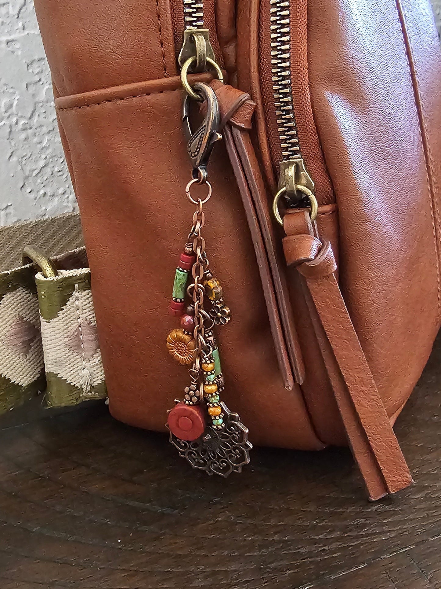 Boho Style Beaded Bag Charm Zipper Pull With Flower Theme