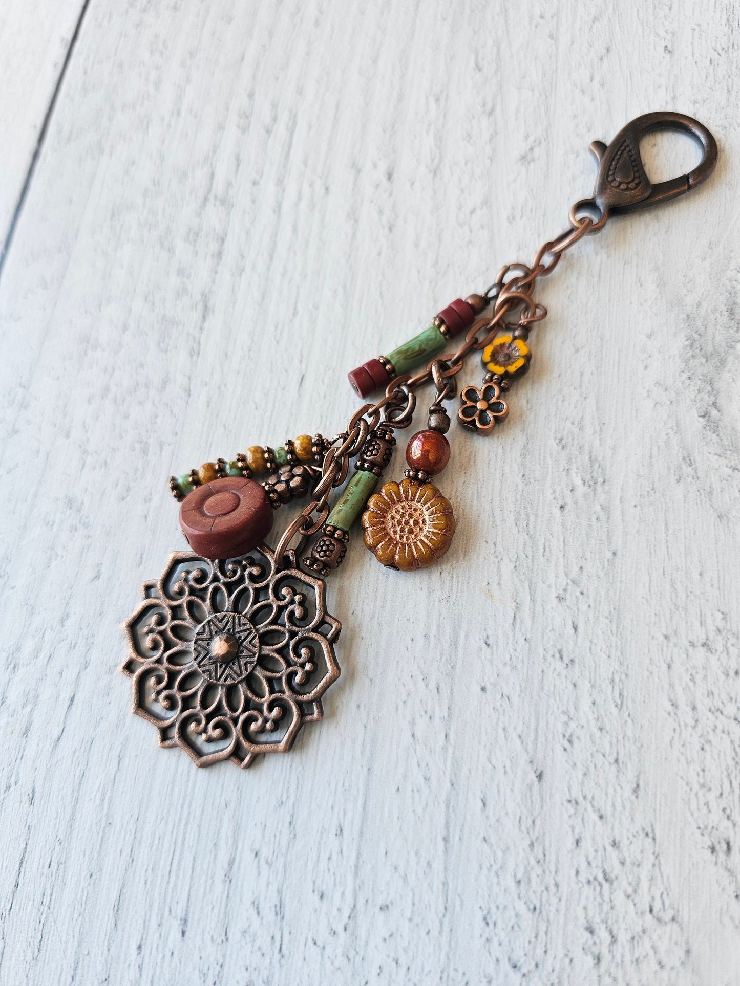 Boho Style Beaded Bag Charm Zipper Pull With Flower Theme