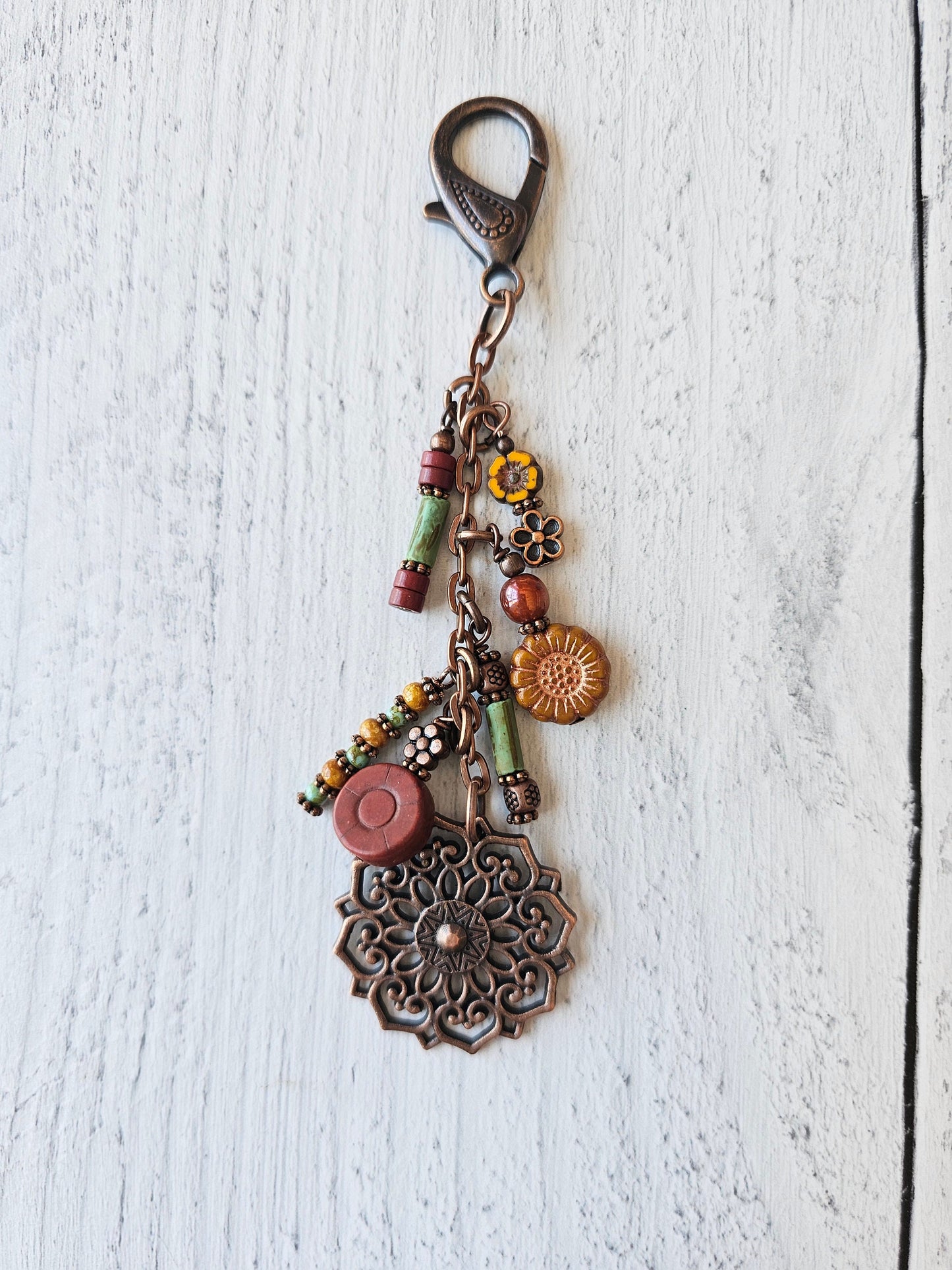 Boho Style Beaded Bag Charm Zipper Pull With Flower Theme