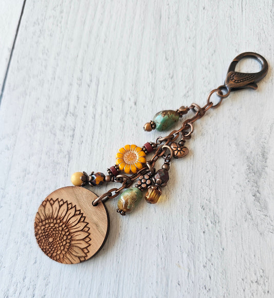 Boho Style Beaded Bag Charm Zipper Pull With Sunflower Theme