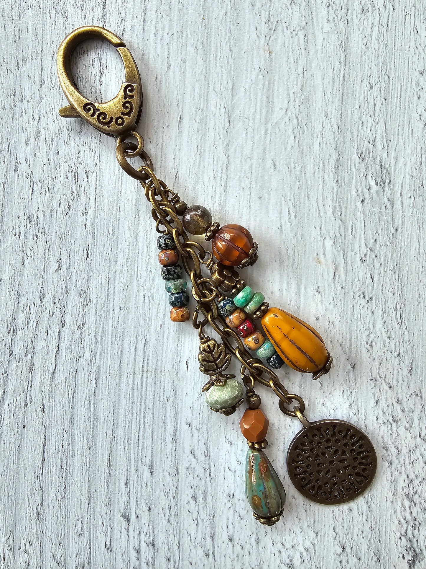 Boho Style Beaded Bag Charm Zipper Pull With Bronze Plated Flower Charm