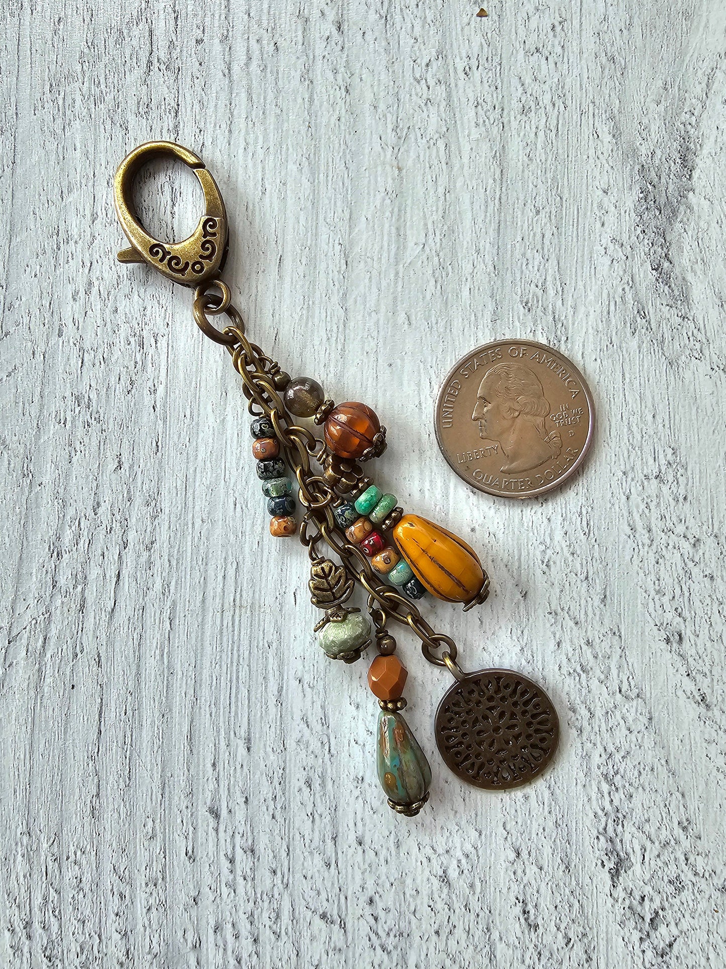 Boho Style Beaded Bag Charm Zipper Pull With Bronze Plated Flower Charm