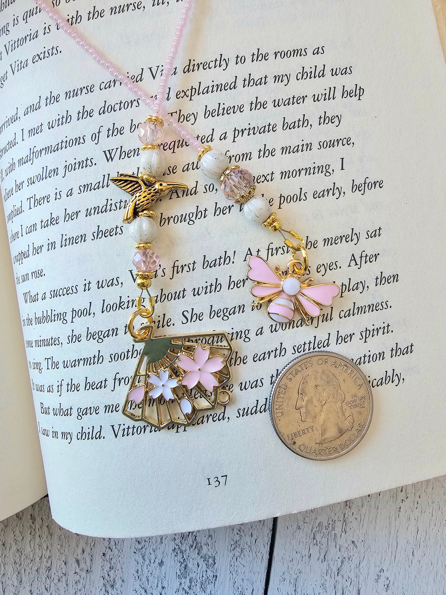 Pollinator Bookmark Gift, Unique Beaded Book Thong, Bee and Hummingbird