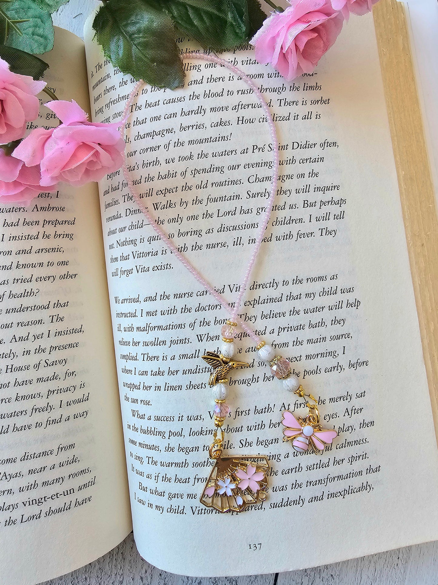 Pollinator Bookmark Gift, Unique Beaded Book Thong, Bee and Hummingbird