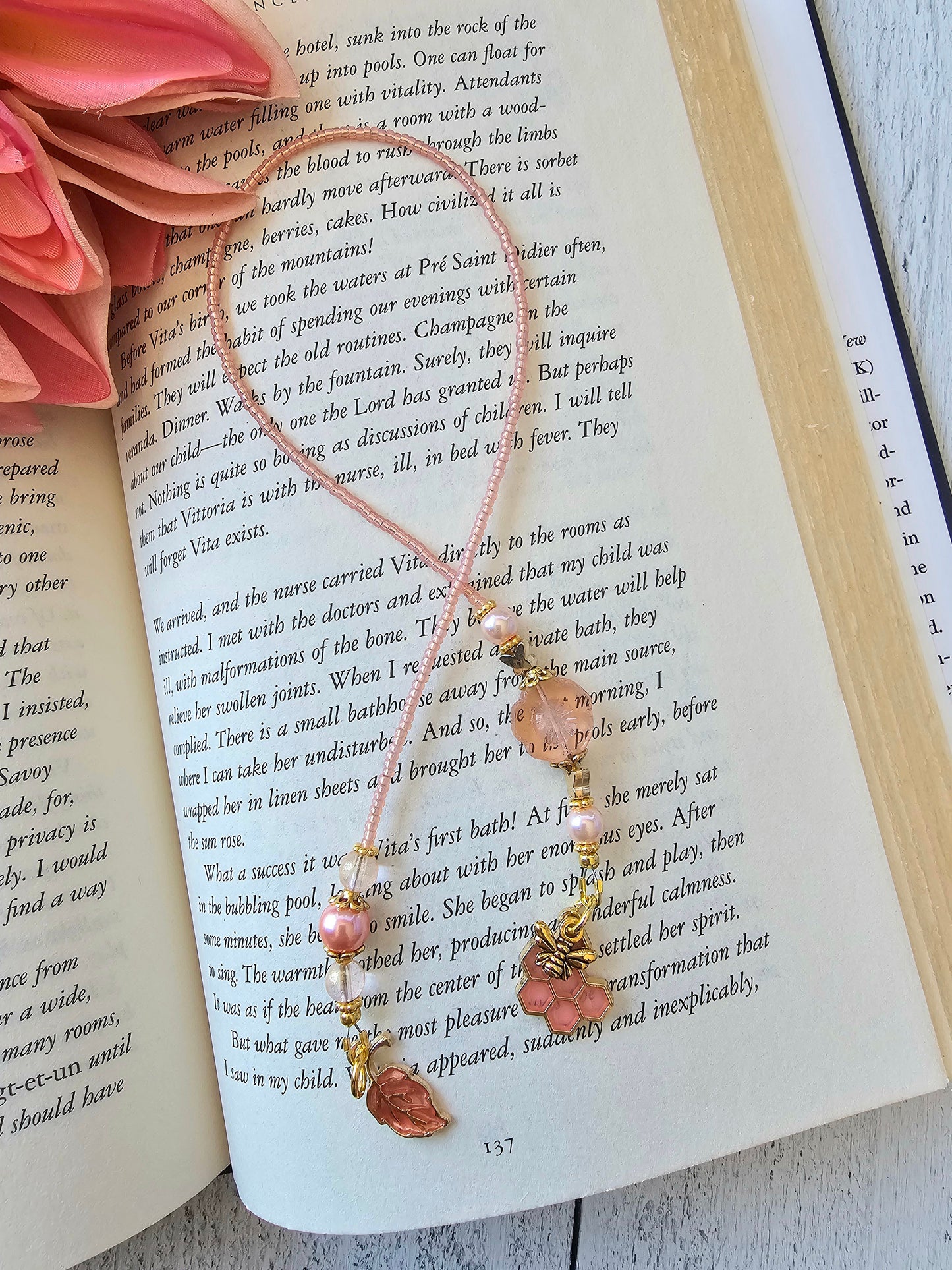 Pollinator Bookmark Gift, Unique Beaded Book Thong for Reader, Bee Lover Gift