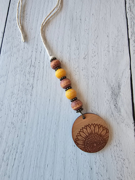 Sunflower Car Charm Handmade with Wooden Beads and Wood Sunflower Charm