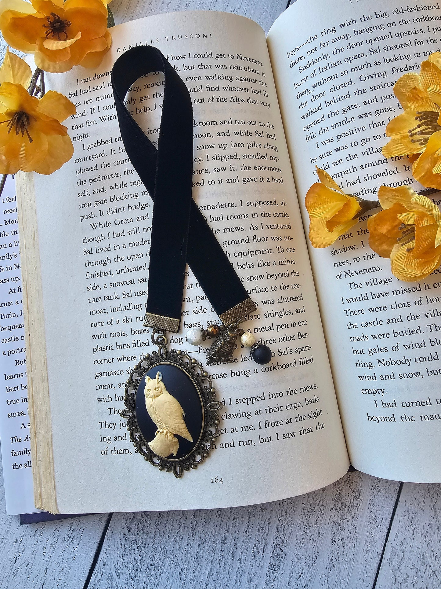 Gothic Great Owl Cameo Bookmark with Black Velvet Ribbon, Handmade Book Lover Gift