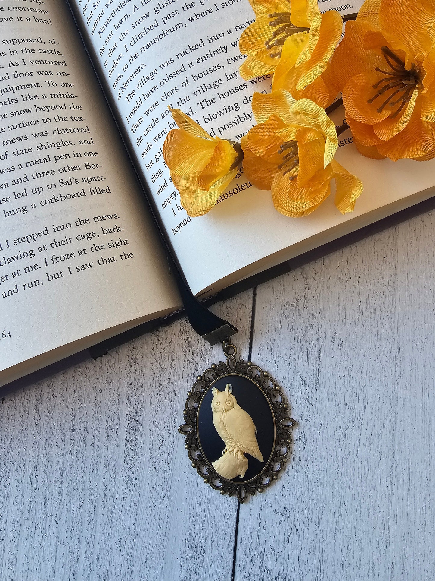 Gothic Great Owl Cameo Bookmark with Black Velvet Ribbon, Handmade Book Lover Gift