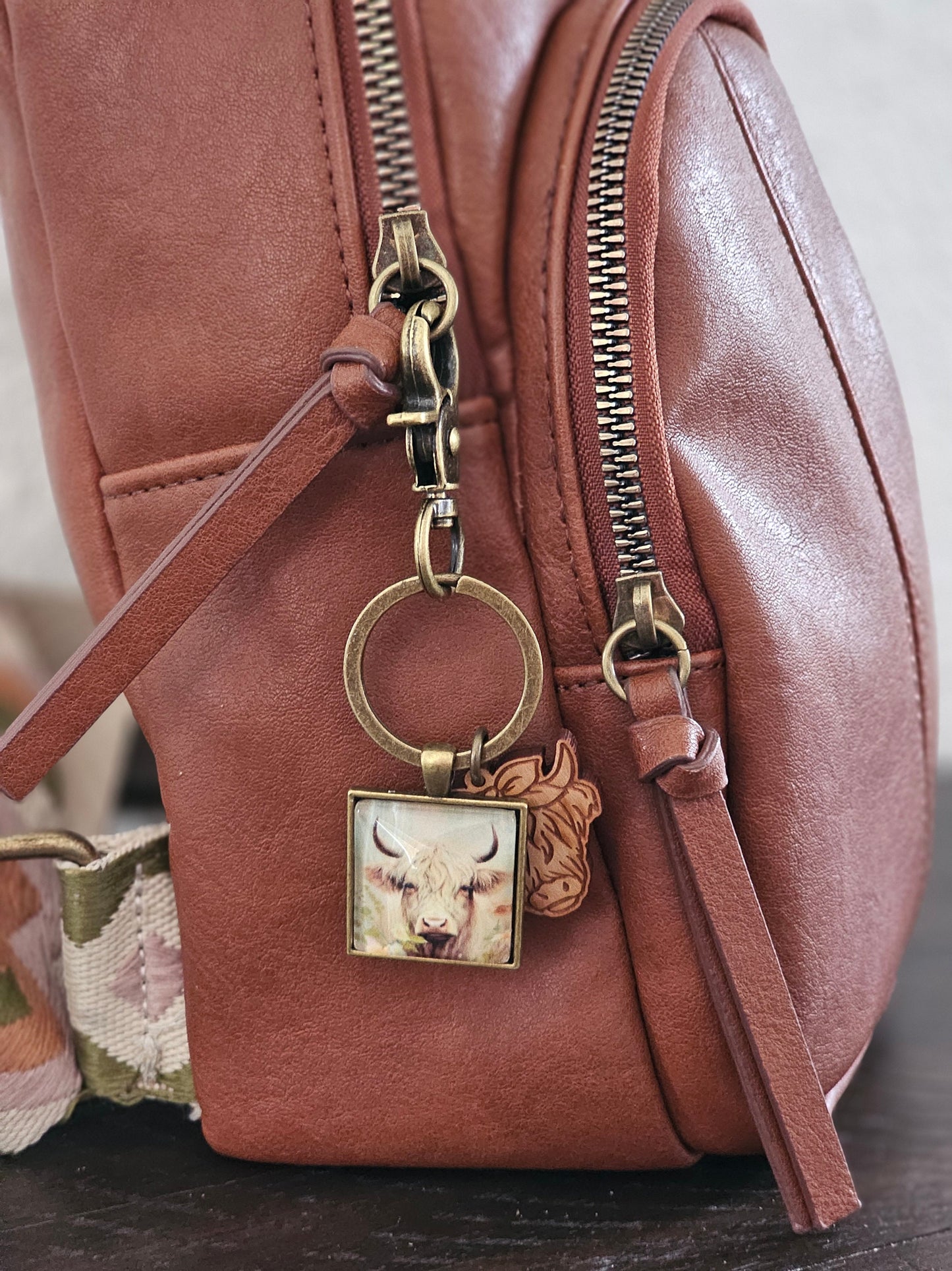 Highland Cow Keychain with Wood Cow Charm, Shaggy Coo Lover Gift