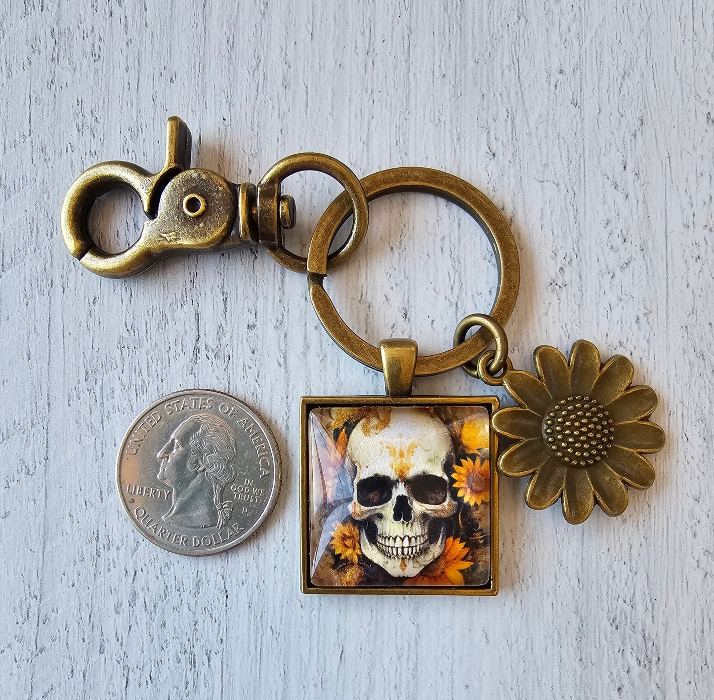 Sunflower and Skull Keychain With Bronze Plated Sunflower Charm