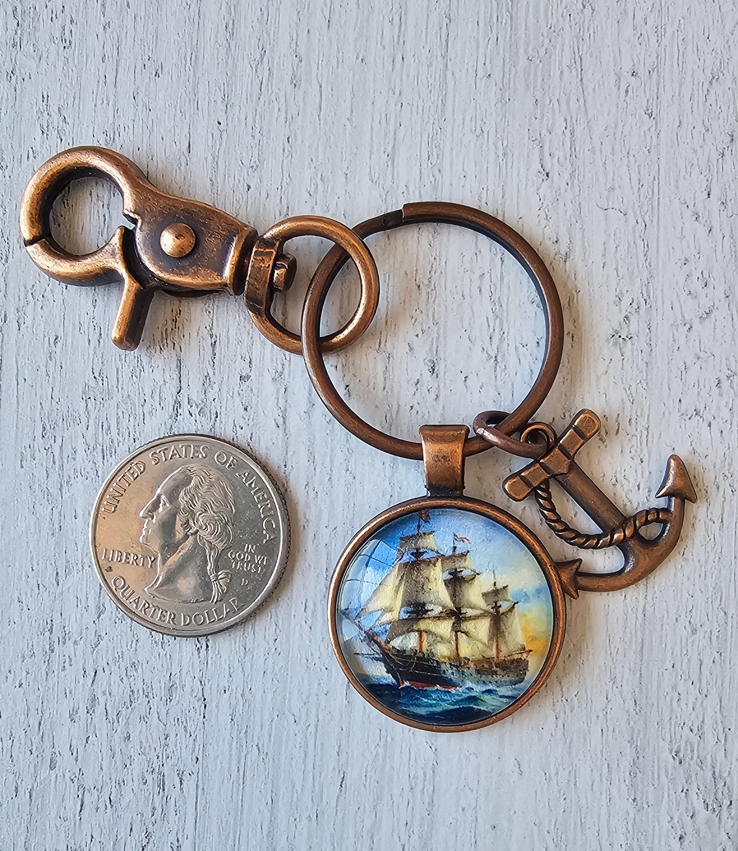 Vintage Style Sailing Ship Men's Keychain with Copper Plated Anchor Charm