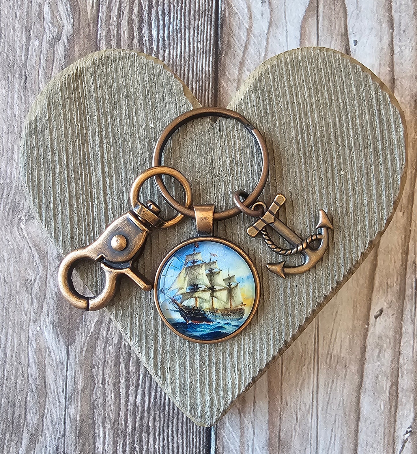 Vintage Style Sailing Ship Men's Keychain with Copper Plated Anchor Charm