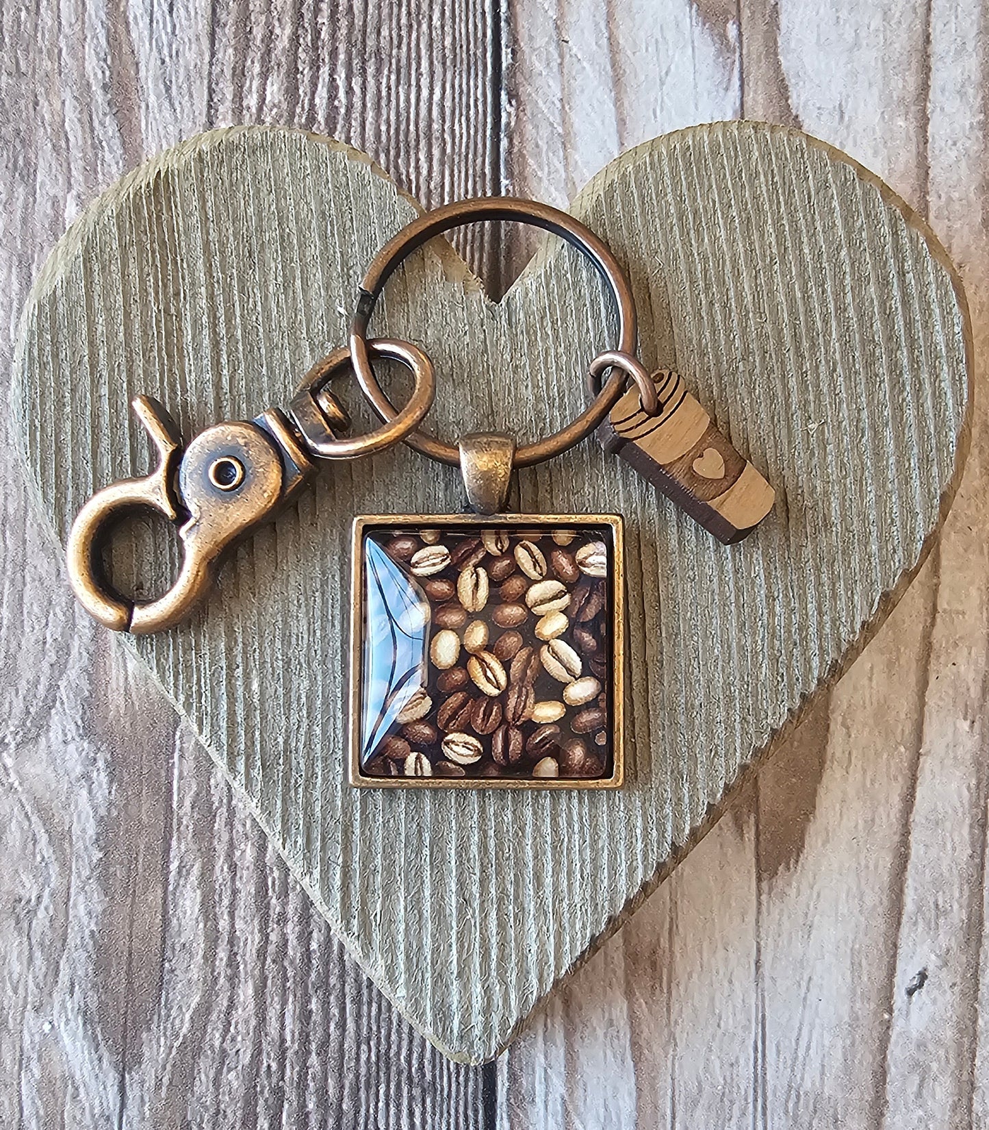 Coffee Bean Keychain With Coffee Cup Wood Charm