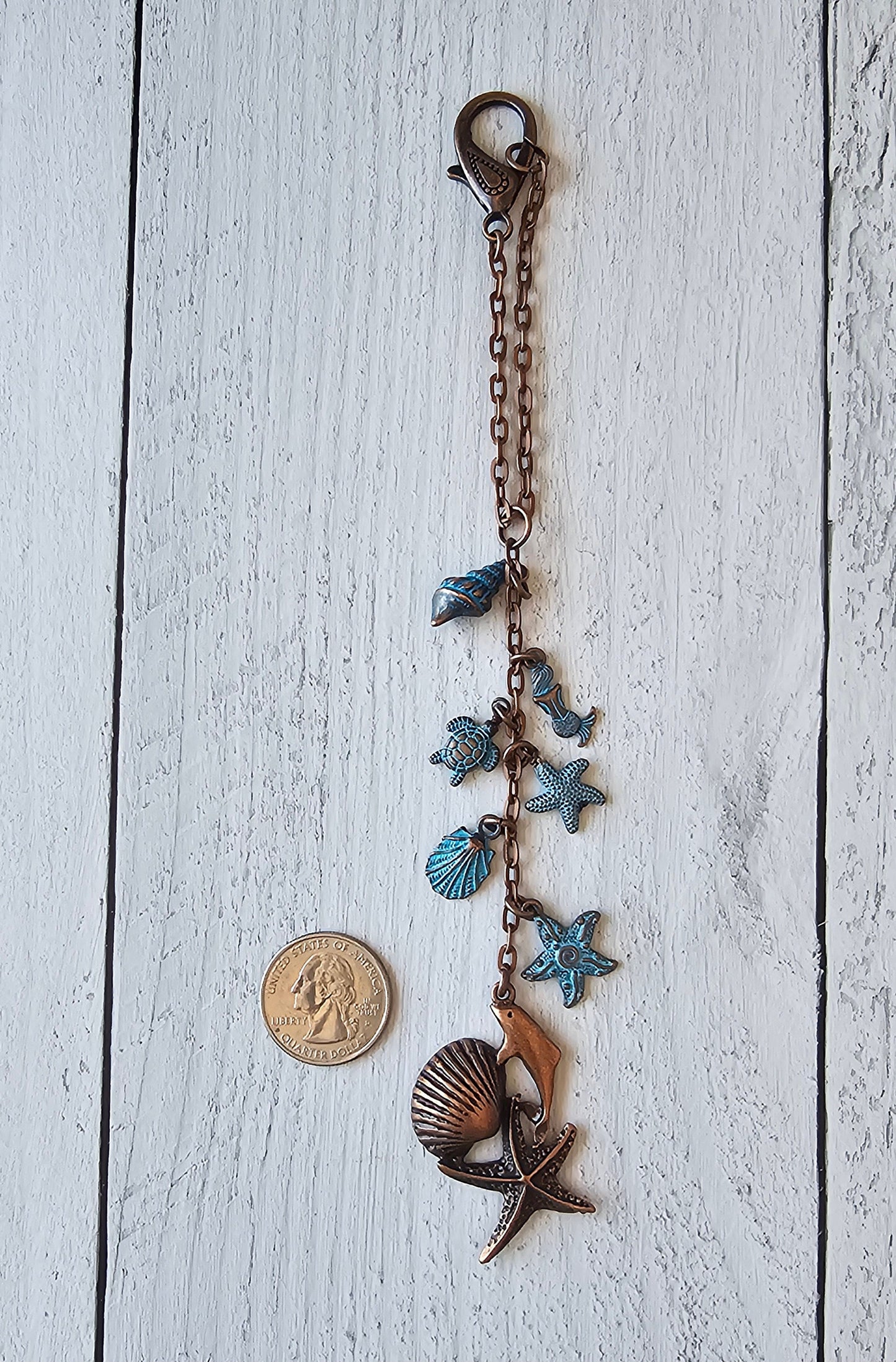 Beach Ocean Themed Car Charm for Rear View Mirror, Copper and Patina