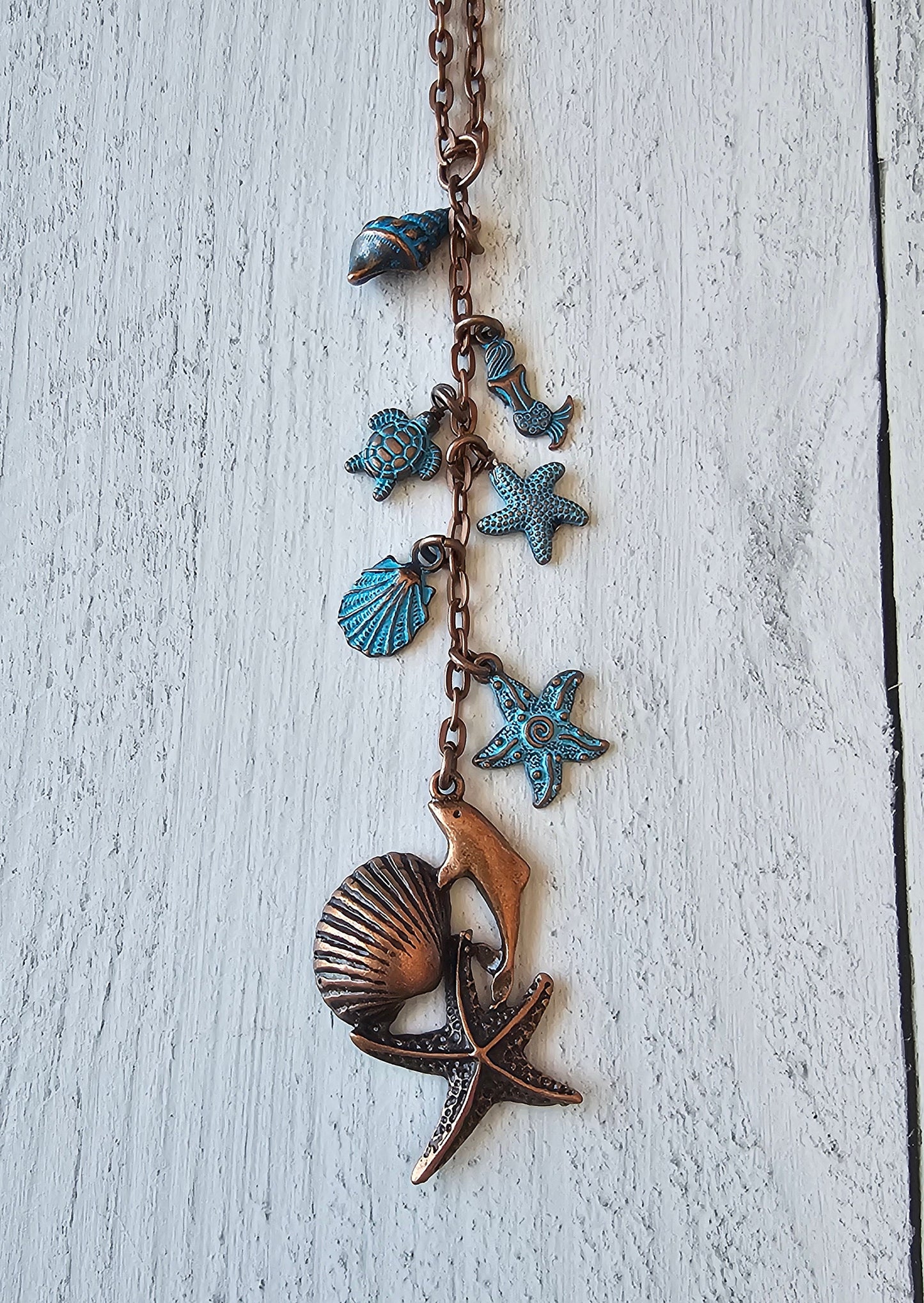 Beach Ocean Themed Car Charm for Rear View Mirror, Copper and Patina