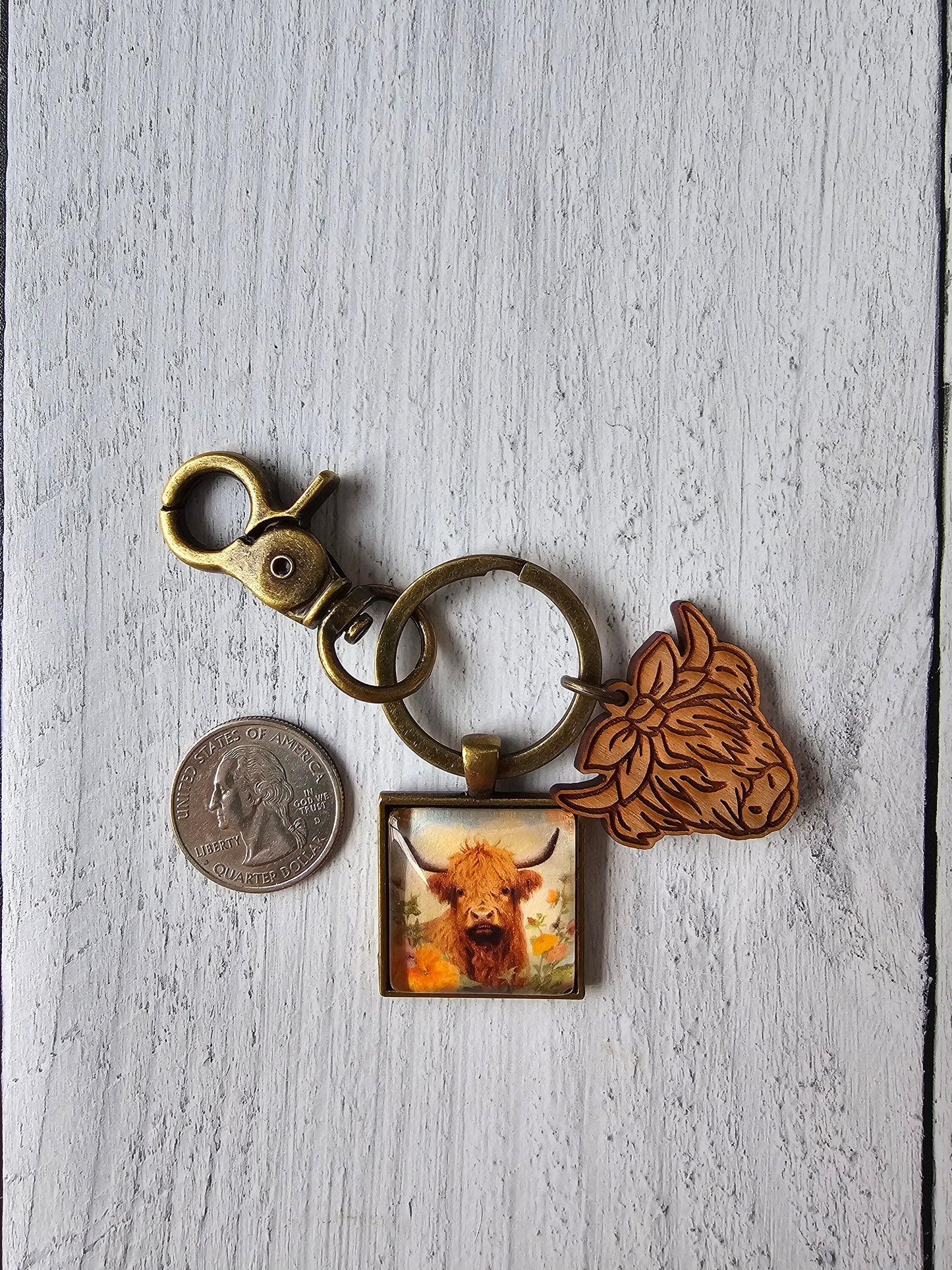 Highland Cow Keychain with Wood Cow Charm, Shaggy Coo Lover Gift