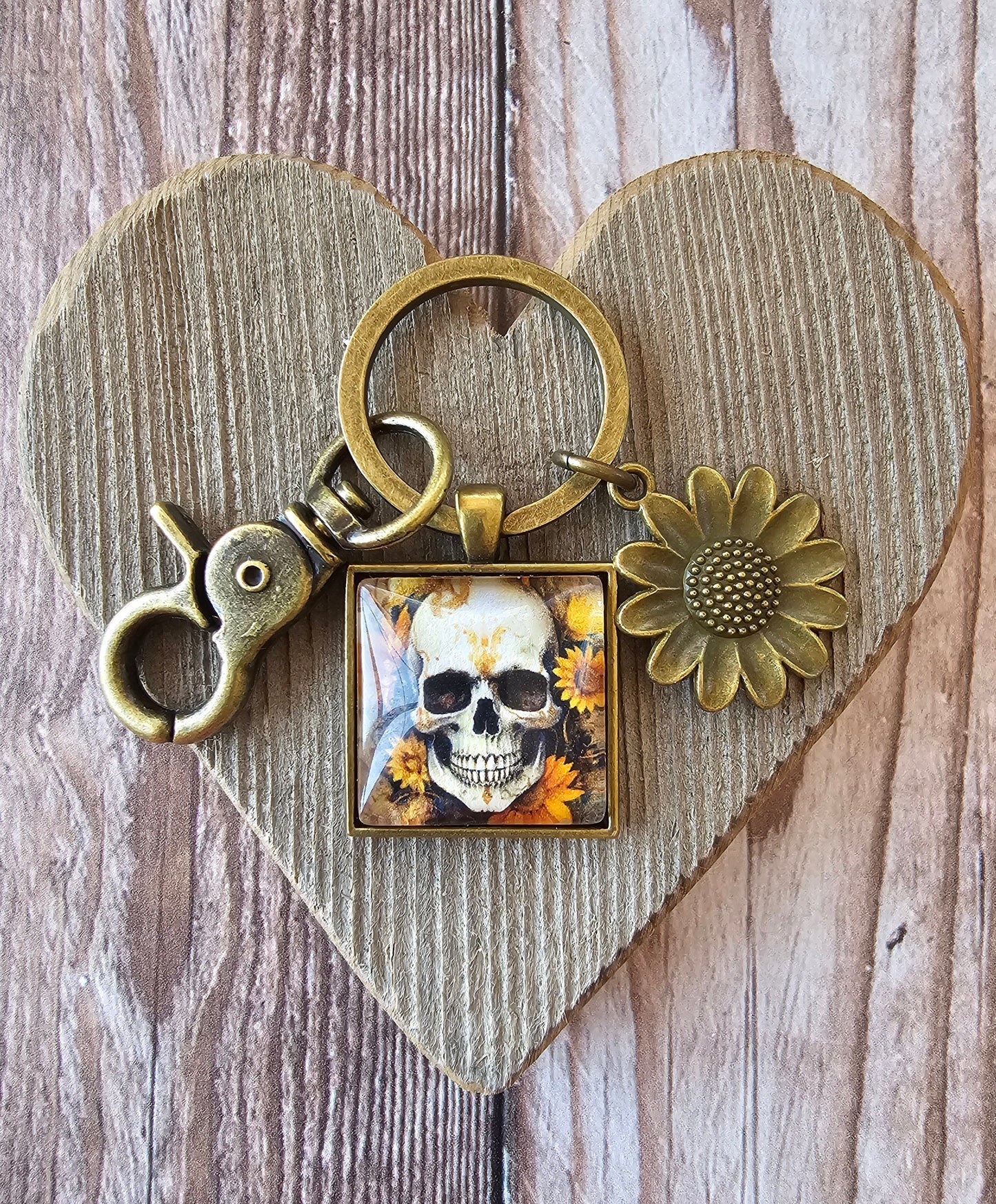 Sunflower and Skull Keychain With Bronze Plated Sunflower Charm