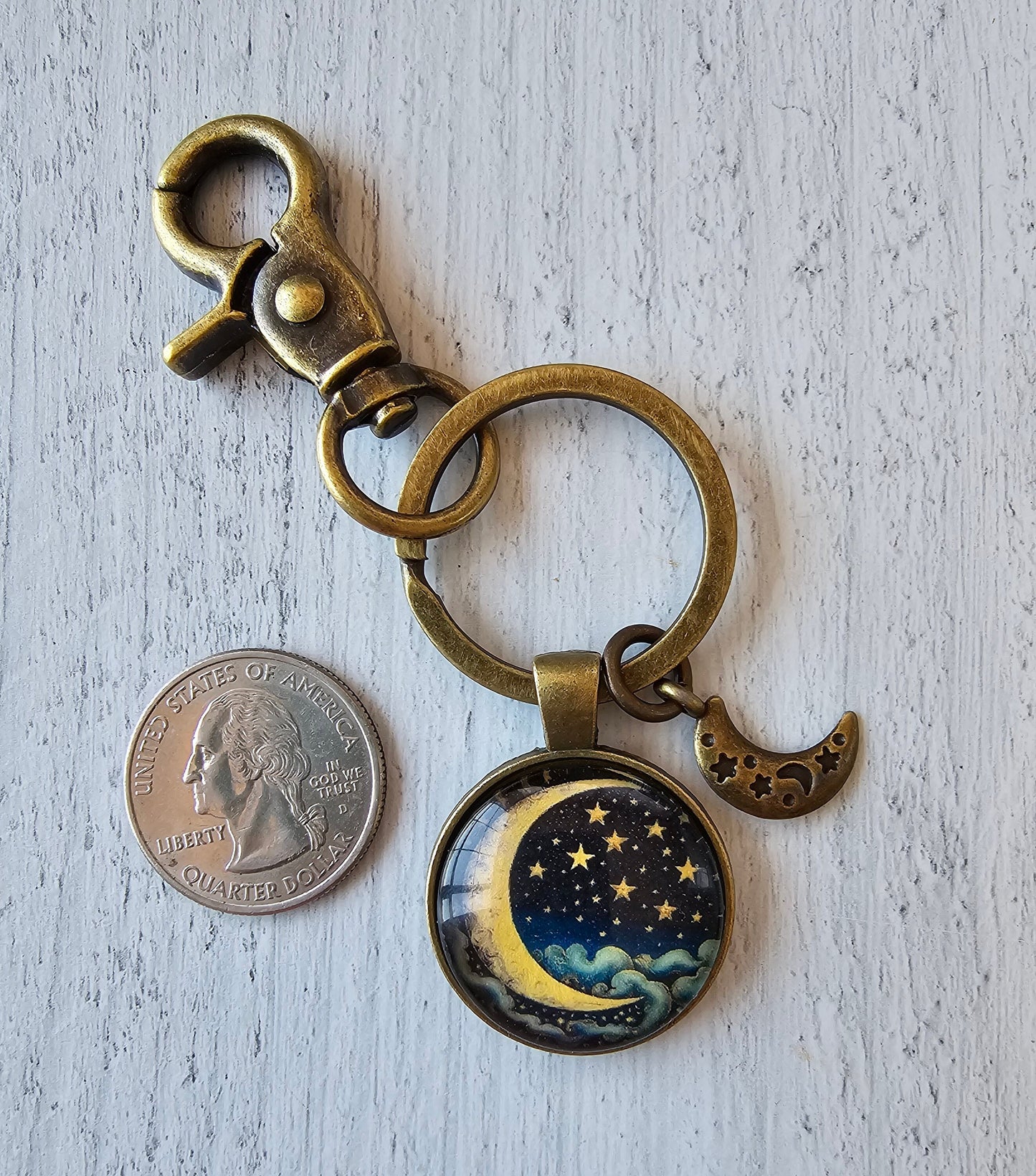 Moon and Stars Keychain with Bronze Plated Moon Charm