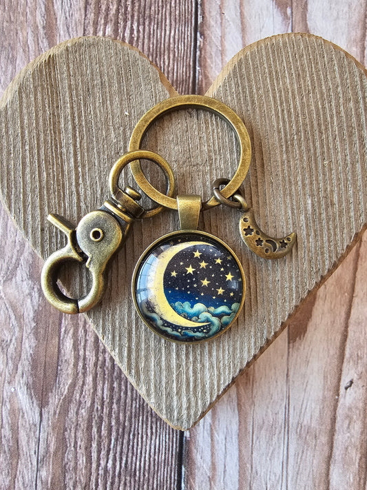 Moon and Stars Keychain with Bronze Plated Moon Charm