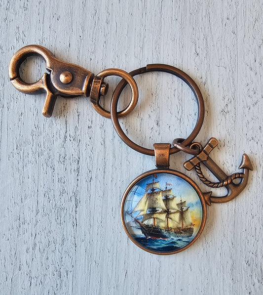 Vintage Style Sailing Ship Men's Keychain with Copper Plated Anchor Charm