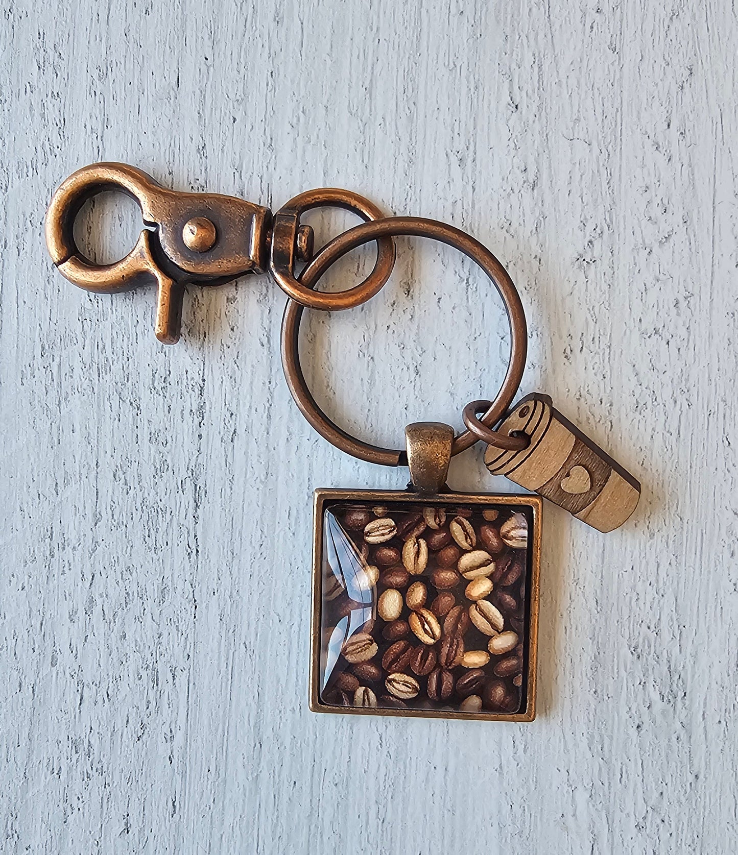 Coffee Bean Keychain With Coffee Cup Wood Charm