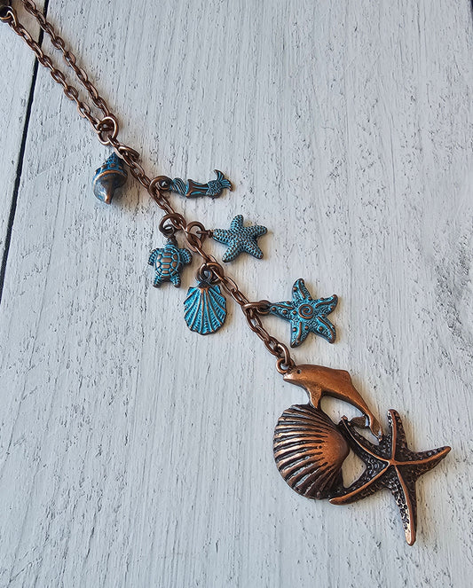 Beach Ocean Themed Car Charm for Rear View Mirror, Copper and Patina