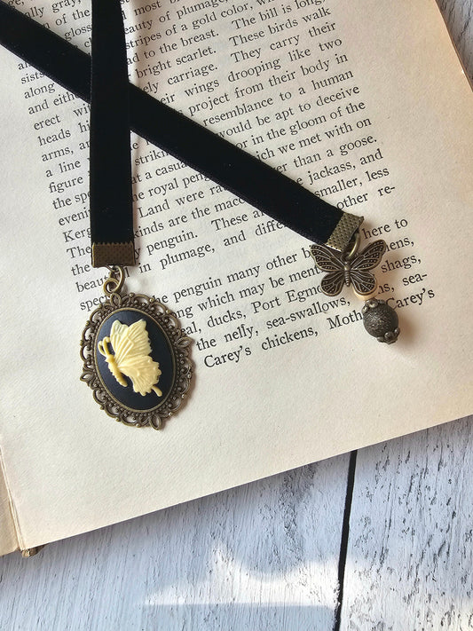 Butterfly Cameo Bookmark, Vintage Style Velvet Bookmarker, Victorian Style Reader Gift