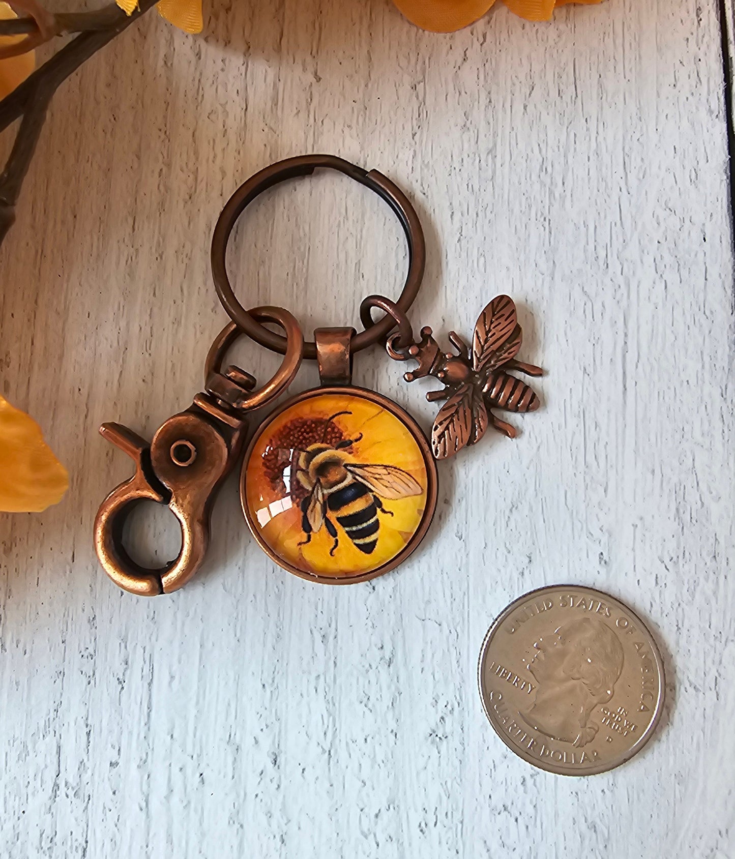 Copper Keychain with Bee Pendant and Charm, Queen Bee Keyring