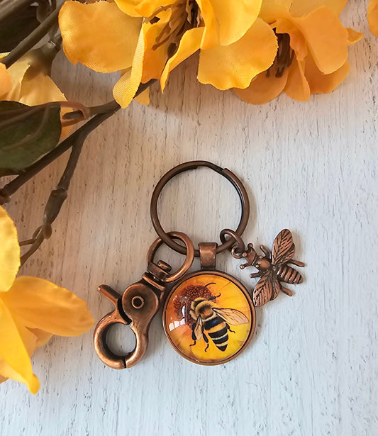 Copper Keychain with Bee Pendant and Charm, Queen Bee Keyring