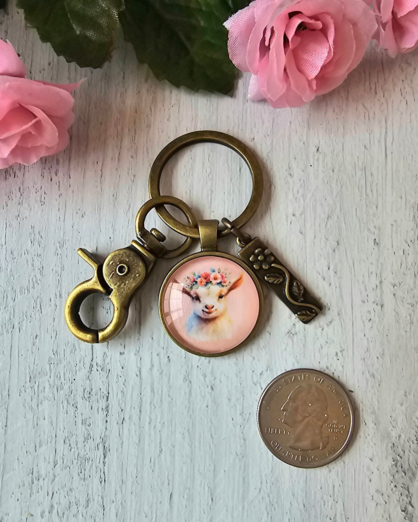 Baby Goat Keychain With Flower Charm