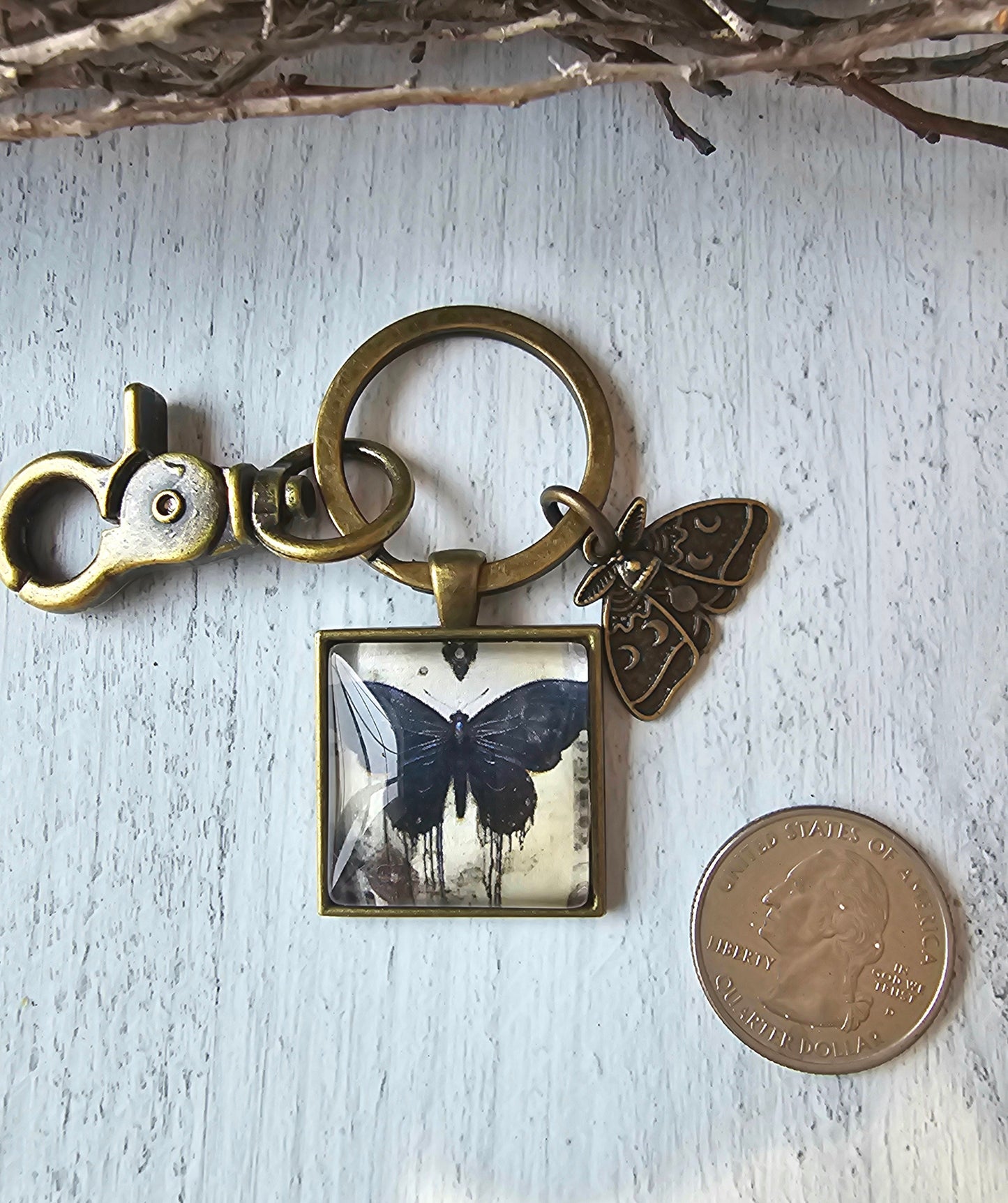 Black Butterfly Keychain, Black Moth Keyring