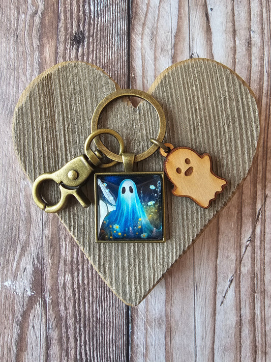 Cute Ghost Keychain with Wooden Ghost Charm