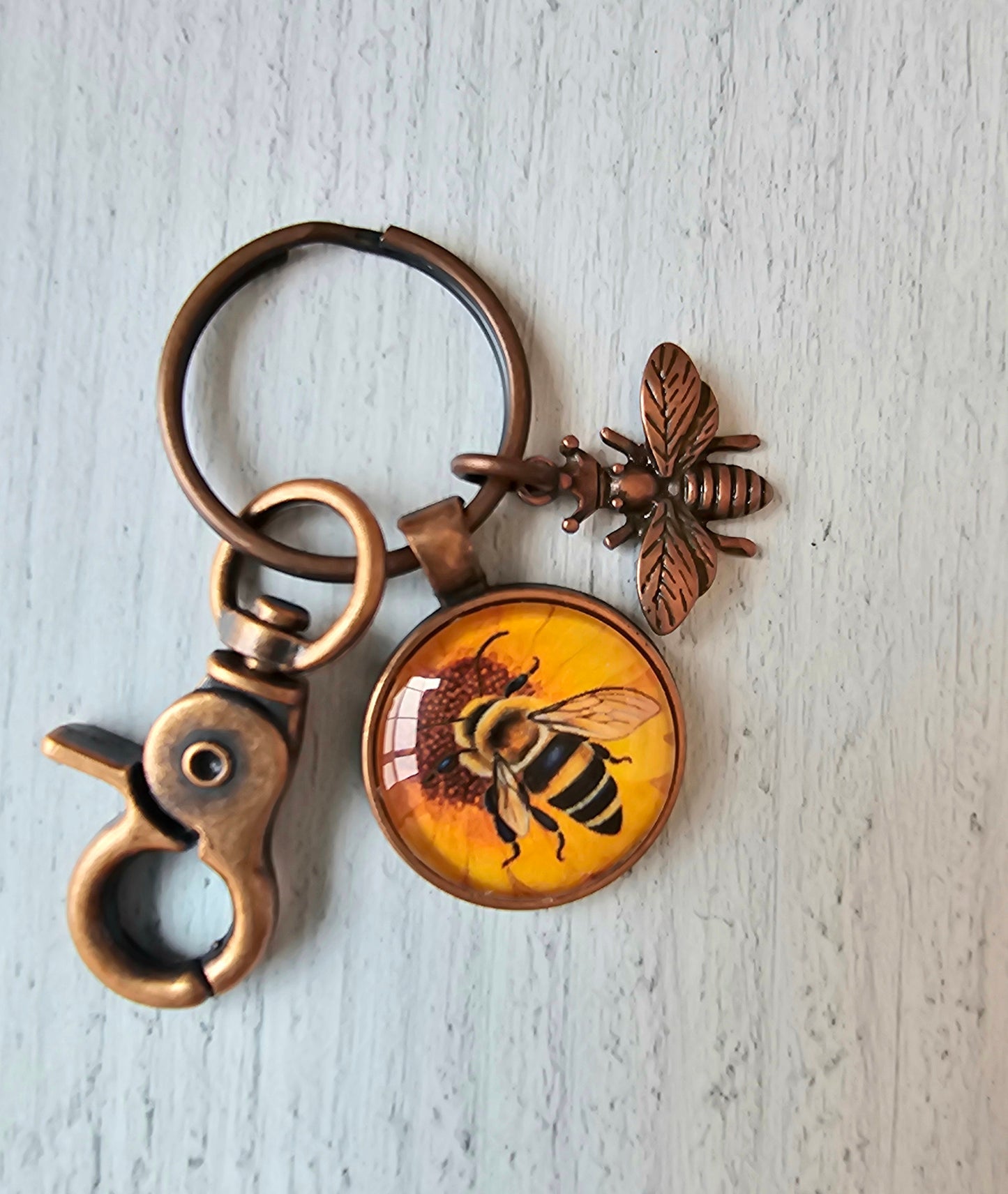 Copper Keychain with Bee Pendant and Charm, Queen Bee Keyring