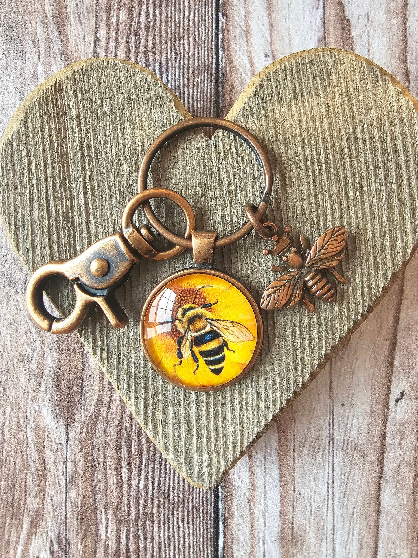 Copper Keychain with Bee Pendant and Charm, Queen Bee Keyring