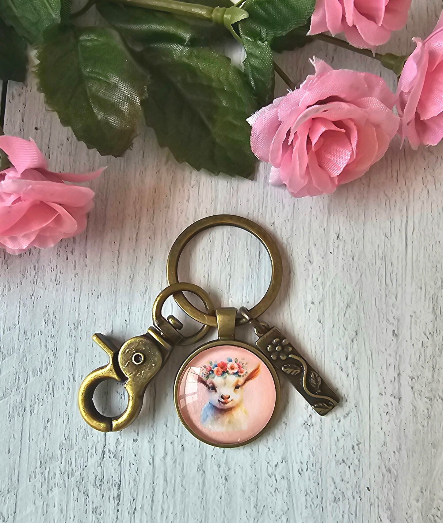 Baby Goat Keychain With Flower Charm