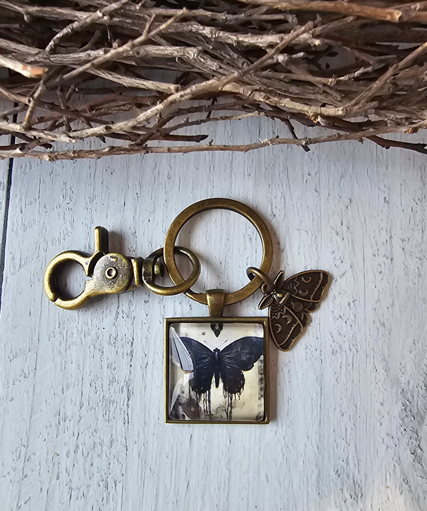 Black Butterfly Keychain, Black Moth Keyring