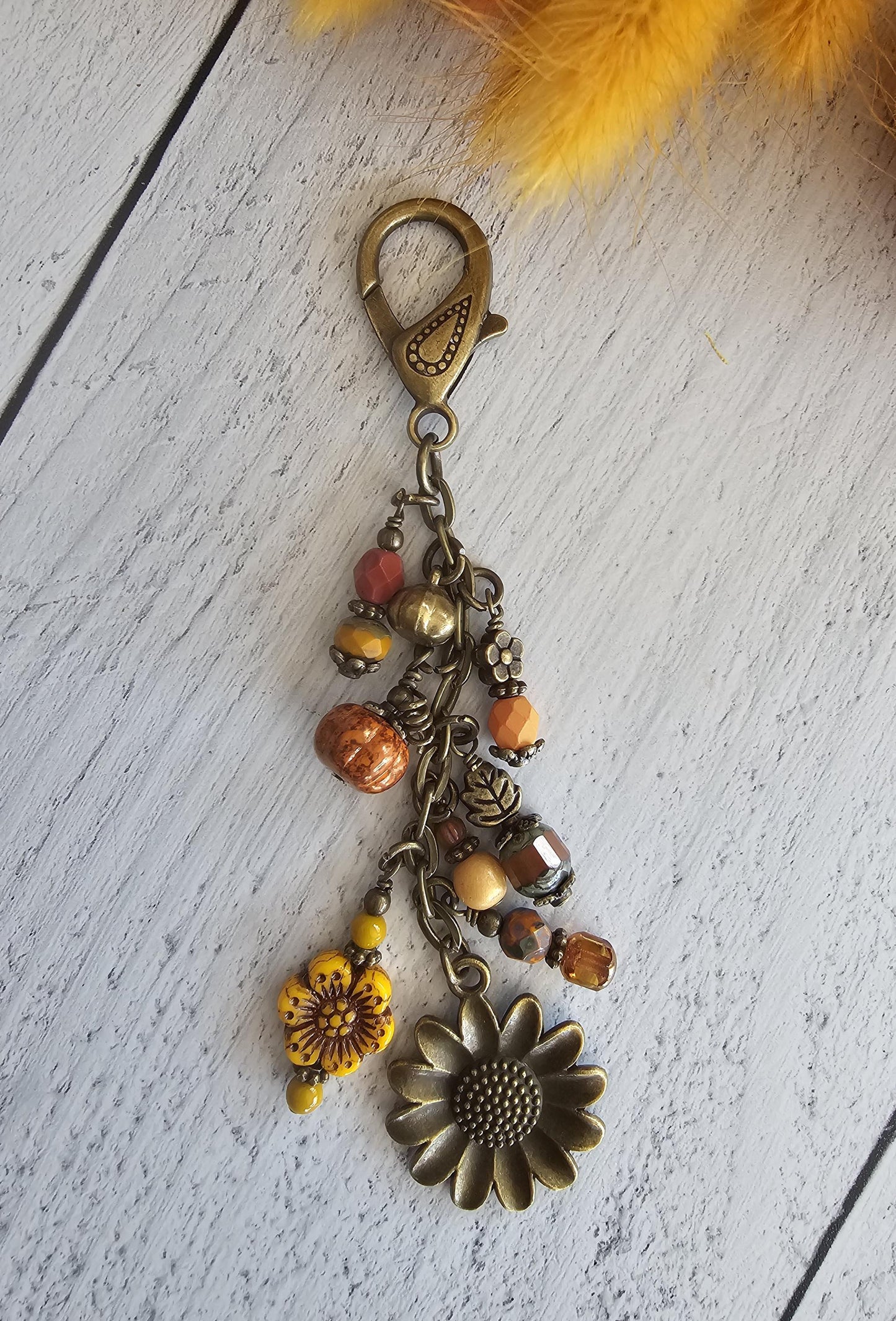 Boho Style Pumpkin Beaded Bag Charm Zipper Pull With Bronze Plated Sunflower Charm, Perfect for Fall!