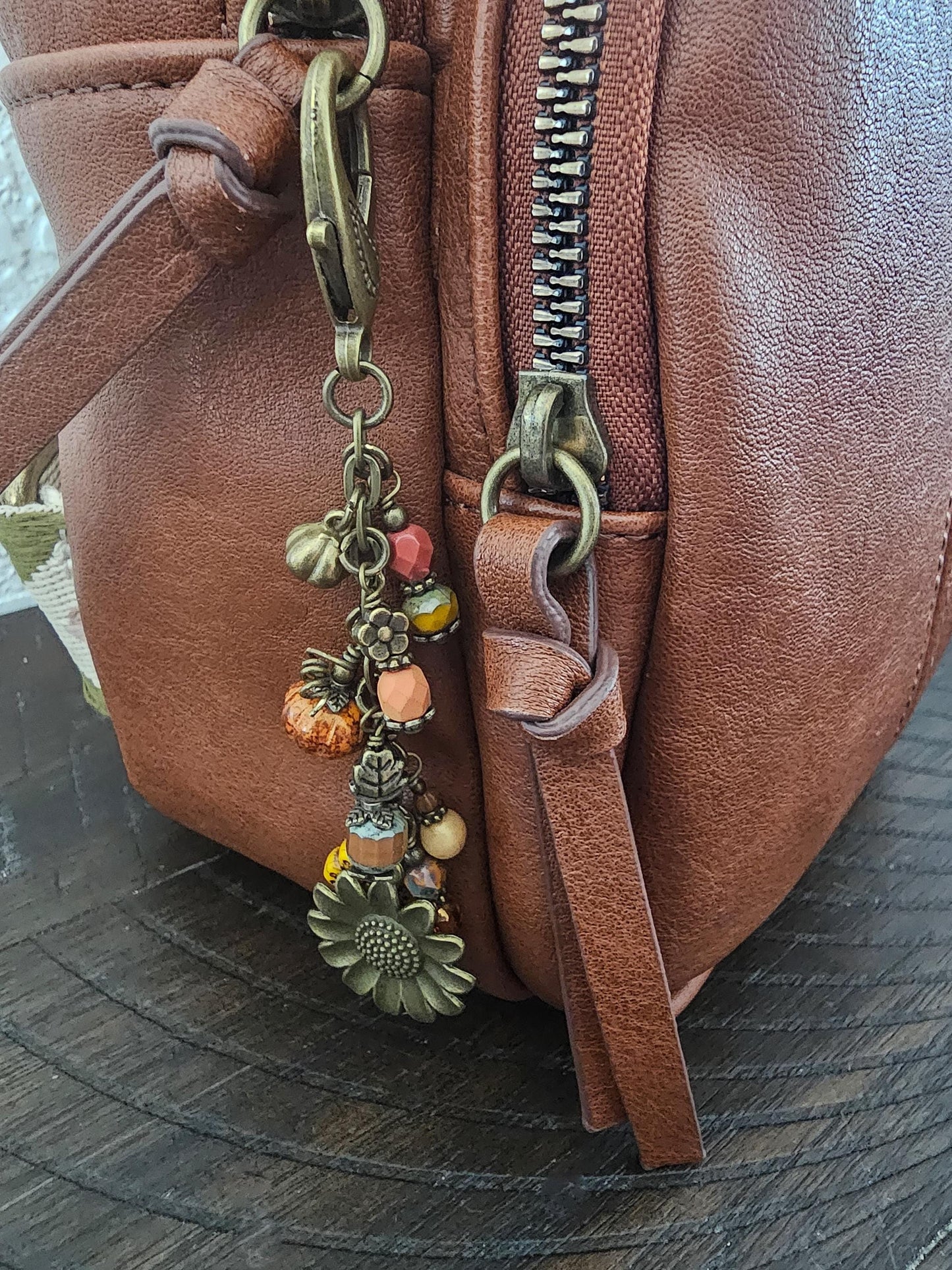 Boho Style Pumpkin Beaded Bag Charm Zipper Pull With Bronze Plated Sunflower Charm, Perfect for Fall!