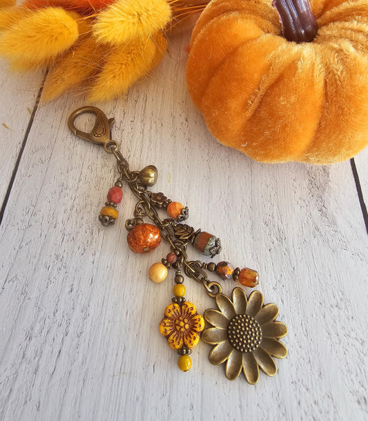 Boho Style Pumpkin Beaded Bag Charm Zipper Pull With Bronze Plated Sunflower Charm, Perfect for Fall!