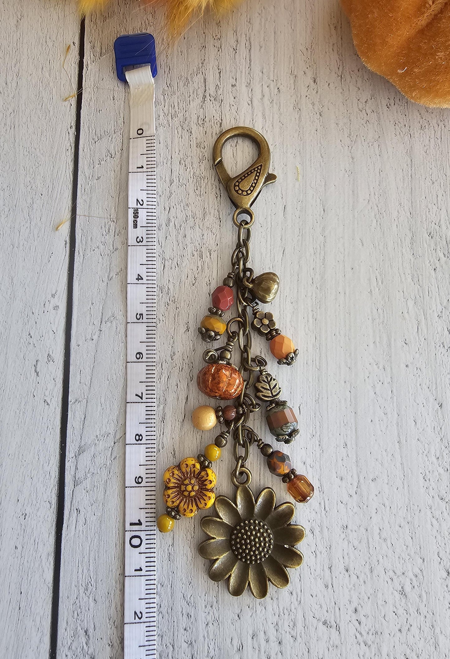 Boho Style Pumpkin Beaded Bag Charm Zipper Pull With Bronze Plated Sunflower Charm, Perfect for Fall!