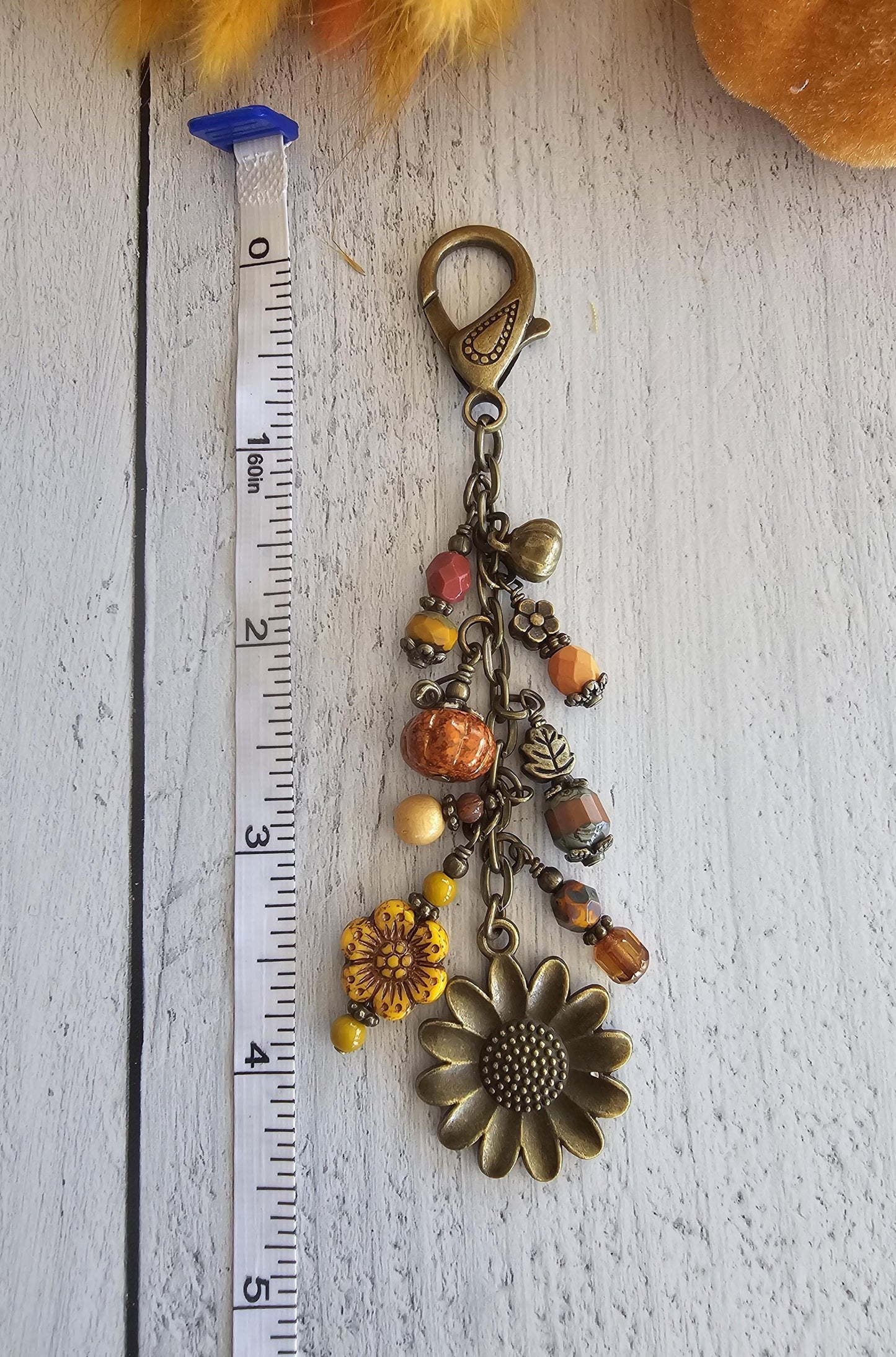 Boho Style Pumpkin Beaded Bag Charm Zipper Pull With Bronze Plated Sunflower Charm, Perfect for Fall!