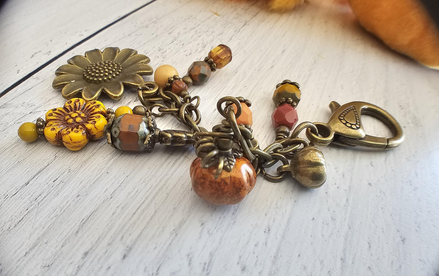 Boho Style Pumpkin Beaded Bag Charm Zipper Pull With Bronze Plated Sunflower Charm, Perfect for Fall!