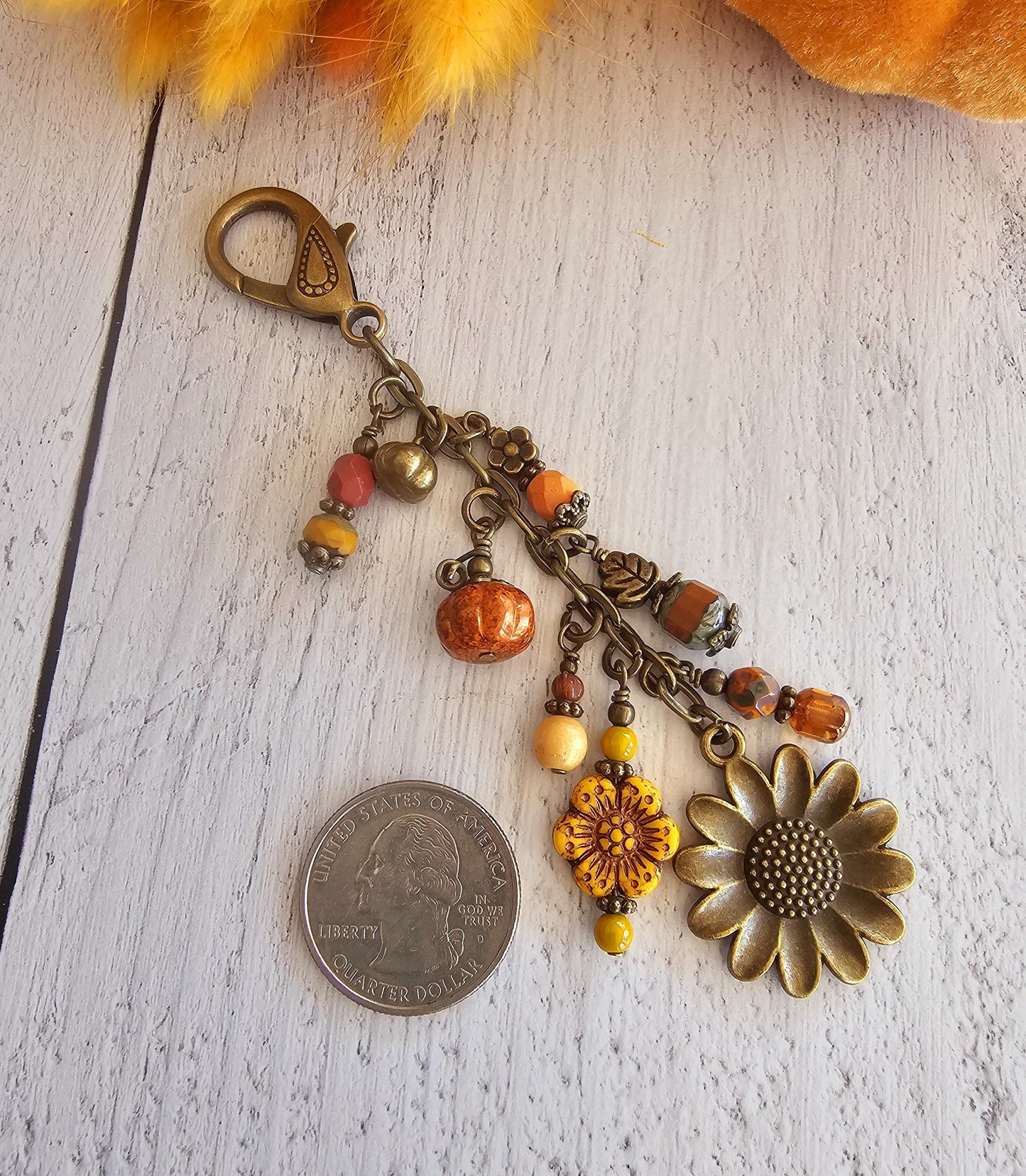 Boho Style Pumpkin Beaded Bag Charm Zipper Pull With Bronze Plated Sunflower Charm, Perfect for Fall!