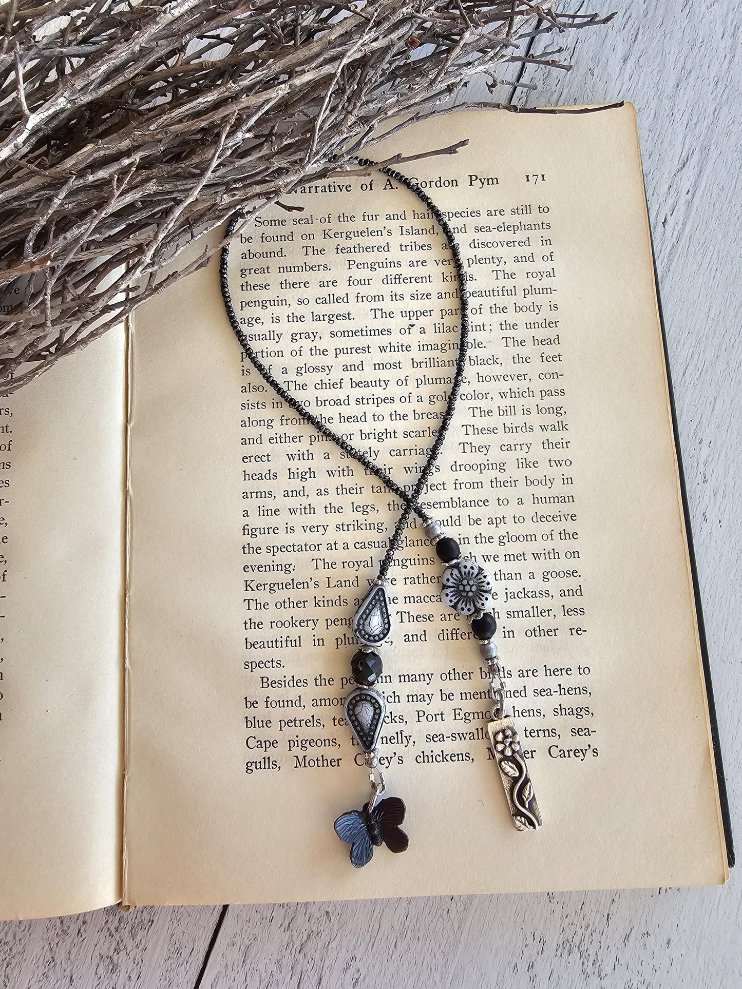 Dark Nature Bookmark, Black Butterfly Beaded Book Marker