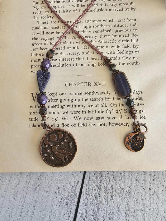 Dark Night Sky And Raven Bookmark, Purple and Black Heart Leaf Bead