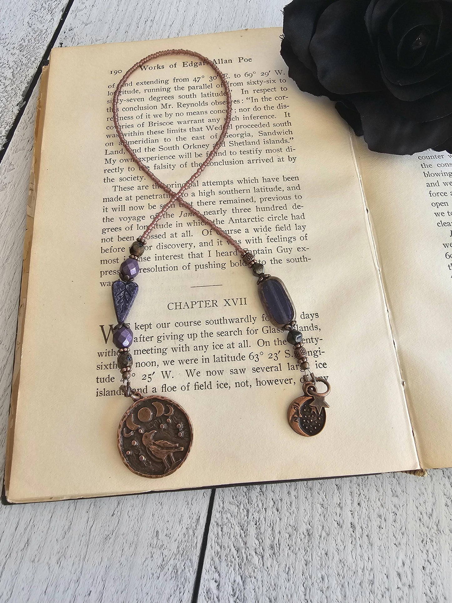 Dark Night Sky And Raven Bookmark, Purple and Black Heart Leaf Bead