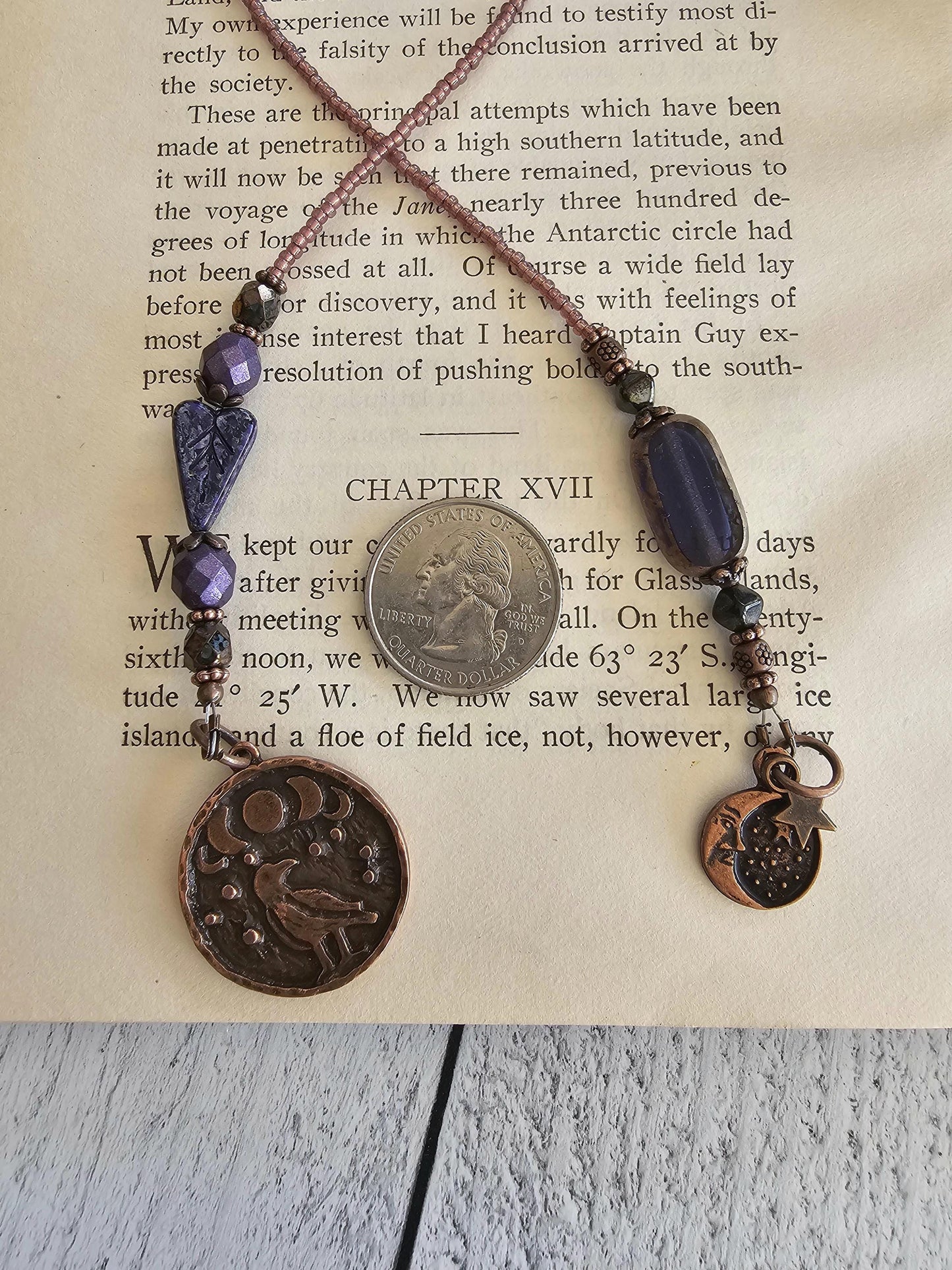 Dark Night Sky And Raven Bookmark, Purple and Black Heart Leaf Bead