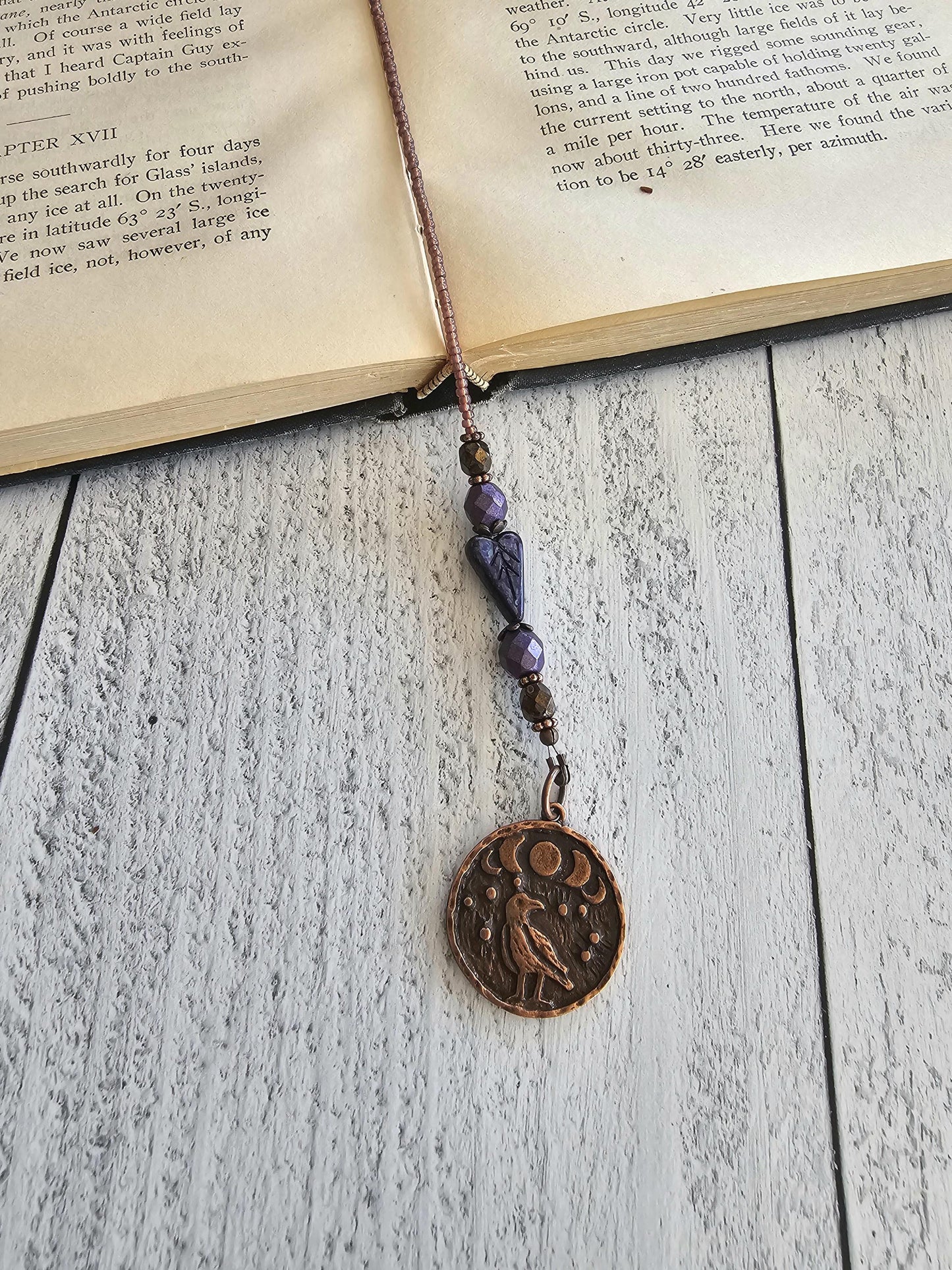 Dark Night Sky And Raven Bookmark, Purple and Black Heart Leaf Bead