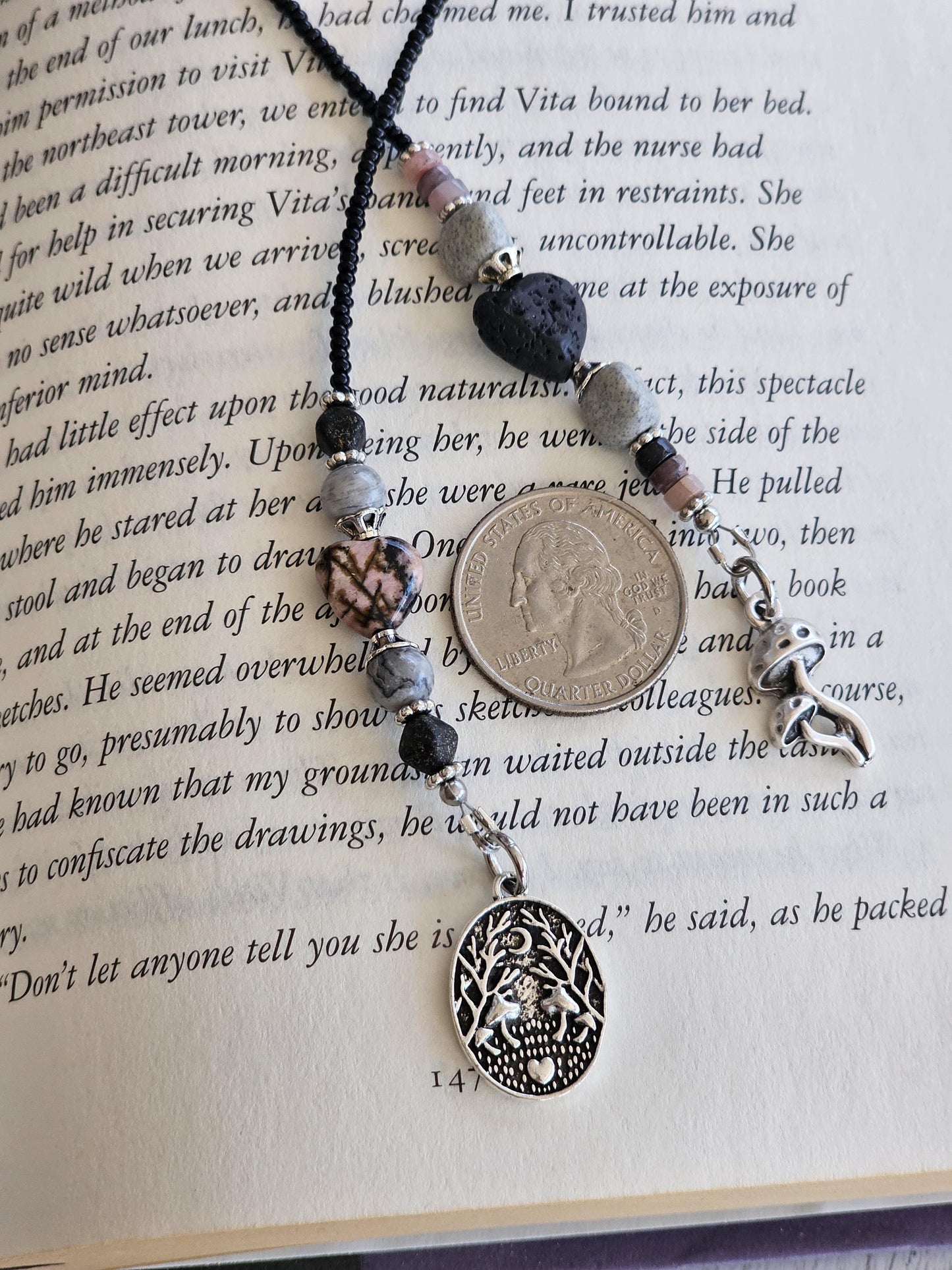 Rhodonite Heart Bookmark, Dark Mushroom Reader Gift