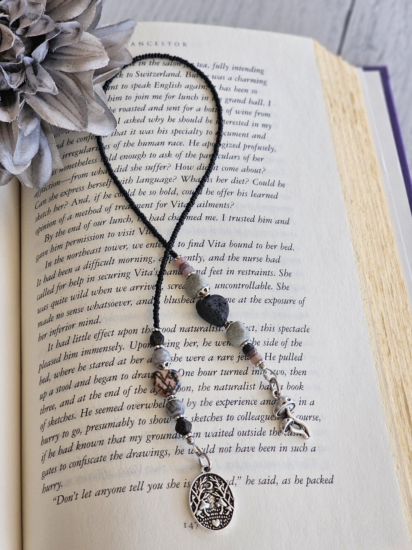 Rhodonite Heart Bookmark, Dark Mushroom Reader Gift